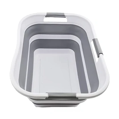 Image of SAMMART 29L Collapsible Plastic Laundry Basket Foldable Pop Up Storage Container/Organizer Portable Washing Tub Space Saving Hamper/Basket Water capacity 24L (1, White/Grey/White)