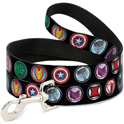 Image of Dog Leash 9 Avenger Icons Black Multi Color 6 Feet Long 0.5 Inch Wide