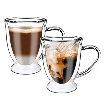 Image of Vinsani VERRE Double Walled Coffee Drink Glasses Tea Cup Mug 270ml Set of 2 Heat Cold Resistant Aesthetic Clear Borosilicate Glass with Handle Cappuccino Latte Dessert Hot and Drinks