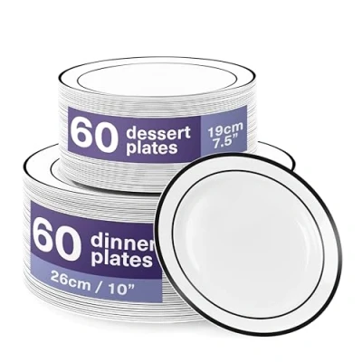 Image of MATANA 120 Premium White Plastic Plates with Black Rim 60 26cm Dinner Plates, 19cm Side Elegant, Unbreakable &amp; Reusable for Weddings, Birthdays, Picnic, Parties