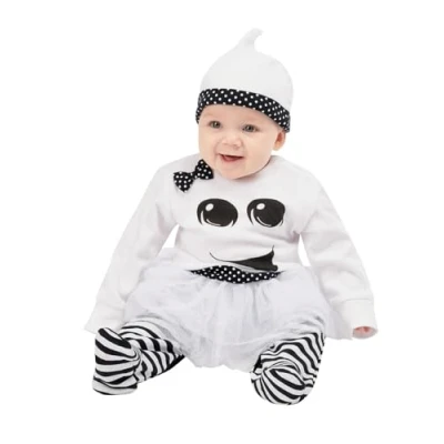 Image of Smiffys Ghost Girl Baby, Black &amp; White All In One with Tutu Hat, Halloween Child Fancy Dress, Dress Up Costumes