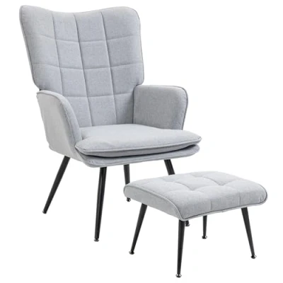 Image of HOMCOM Armchair with Footstool, Living Room Chair, Linen Accent Chair for Bedroom, Home Study, Light Grey