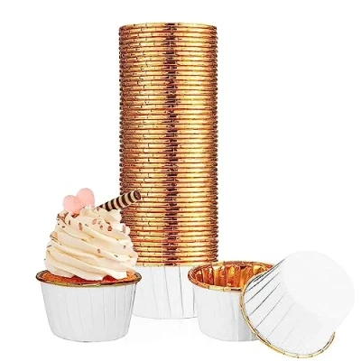 Image of 100 Pcs Cupcake Cases, Cake Muffin Liners, Greaseproof Foil Baking Cups Paper Wrappers, Metallic Household Oven Birthday Wedding Party Muffins Pastry Molds (White)