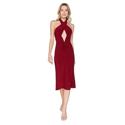 Image of Trendyol Women&#039;s Midi Bodycon Fitted Dress, Burgundy, 38 UK