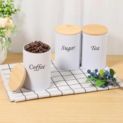 Image of Set of 3 Tea Coffee and Sugar Canisters with Bamboo Lid Stackable Airtight Food Storage Versatile Kitchen Container for Storage(white)