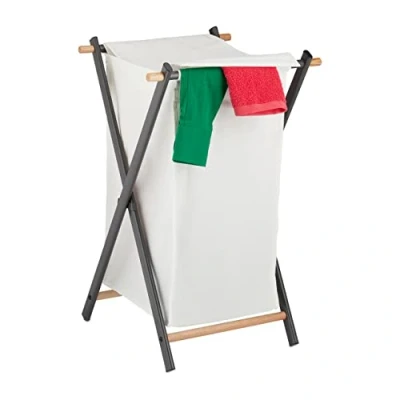 Image of Relaxdays Laundry Basket, Folding, Washing Hamper with Lid, Steel &amp; Fabric, 50 Litres, 71 x 45 42 cm, Cream/Anthracite, Wood
