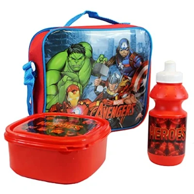 Image of Just Character 3 Piece Lunch Bag with Sandwich Box and Water Bottle Different Cartoon Characters (Avenger)