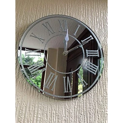 Image of Biznest Round Silver Sparkle Glitter Mirrored Wall Clock Roman Number Glass New