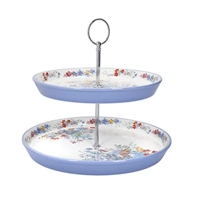 Image of London Pottery Viscri Meadow Cake Stand for Afternoon Tea, 2 Tiered, Ceramic, Almond Ivory/Cornflower Blue