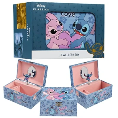 Image of Disney Musical Stitch &amp; Angel Jewellery Box for Girls Official Licensed Wind Up Magical Tune, Spinning Figure 18.5cm L x 12cm W 10cm D, Blue, One Size, Plastic
