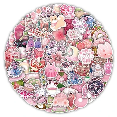 Image of Sakura Stickers for Laptop(100 PCS),Gift Children Teens Adults Girl Boys,Waterproof Water Bottle,Sakura Vinyl Scrapbook,Skateboard,Bike,Phone,Dairy