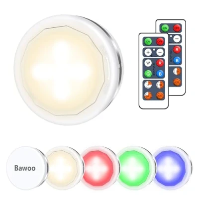 Image of Bawoo Under Cabinet LED Lights, RGB Wireless Cupboard Lights Puck Lighting 4000K Dimmable Battery Powered with Remote Control for Kitchen Closet, 6 Pack