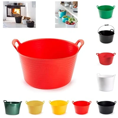 Image of Heavy Duty Plastic Flexi Tub Home Garden Flexible Storage Bucket Laundry Toys Kitchen Bucket, Rubble Container, 2 Handled Recycled (15L Red Tub)