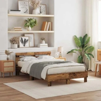 Image of vidaXL Double Bed Frame Solid Oak Wood, 135x190cm, Brown, Stained Finish for Bedroom Use with Headboard