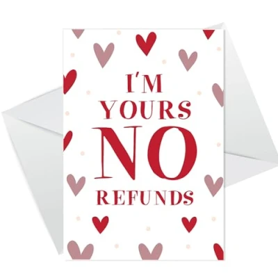 Image of RED OCEAN Funny Anniversary Card &#039;NO REFUNDS&#039; for Boyfriend, Girlfriend, Wife, Husband Valentines Day with White Envelope Blank Interior Custom Message