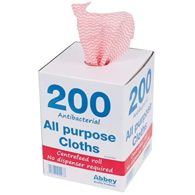 Image of Abbey 200 All Purpose Cleaning Cloths in Portable Box Dispenser Semi Disposable to Clean Surfaces, Bathroom, Windows, Dishes Kitchen 37x22cm J Red