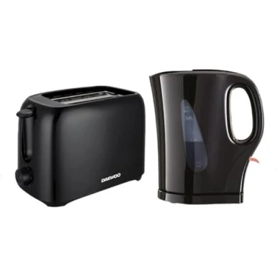 Image of Daewoo Essentials Plastic 1.7 Litre Kettle And 2 Slice Toaster Set Black, Breakfast Combo, Fill Roughly 7 Cups In One Boil, Visible Water Window Variable Browning Controls, Clean Simple Design