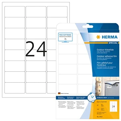 Image of HERMA Self Adhesive Film Labels, 24 Labels per A4 Sheet, 320 Sheets, 63.5 x 33.9 mm, 7680 Blank Weatherproof Stickers, Sticky for Laser &amp; Inkjet Printer, White