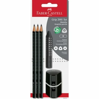 Image of Faber Castell 580024 Grip 2001 Pencil Set 5 Piece with 3 Pencils, Eraser and Sharpener, Black