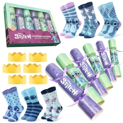 Image of Disney Stitch Christmas Crackers Set of 6 with Socks Inside One Size Crew Minnie Mouse Women Teenagers Kids Gifts (Teal/Purple Adult)
