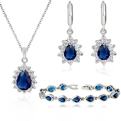 Image of Crystalline Azuria Women 18ct White Gold Plated Teardrops Blue Simulated Sapphire Zirconia Crystals Set Pendant Necklace 17.7 inches Earrings Bracelet