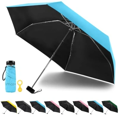 Image of Vicloon Mini Travel Umbrella, Pocket Umbrella Foldable compact with Flat Handle, 6 Rib Light Weight Waterproof Sturdy and Portable Rain Sun UPF&gt;50+ Protection (Blue)