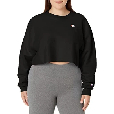 Image of Champion Women&#039;s Cropped Reverse Weave Crew, Left Chest C Sweatshirt, Black 549302, S