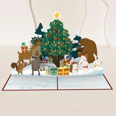 Image of papercrush® Christmas in the Forest 3D Pop Up Card with Animals for Kids (Girl &amp; Boy), December Birthday Card, Handmade Xmas Money Gift Wallet Granddaughter and Daughter envelope
