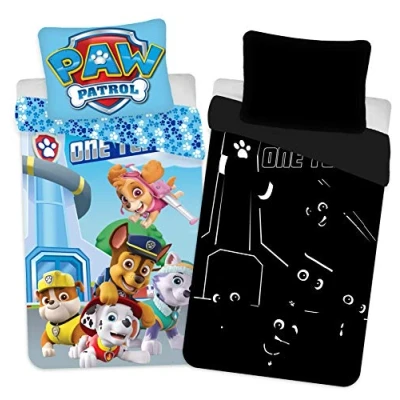 Image of BrandMac Paw Patrol One Team Glow in The Dark Bedding Set, Duvet Cover 140 x 200 cm and Pillowcase 65 cm, Cotton