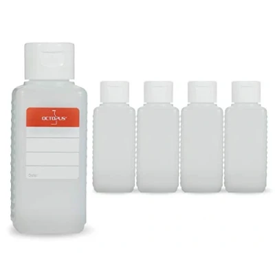 Image of Octopus 5 x 100 ml plastic bottles, HDPE bottles with white flip top cap, empty hinged square incl. labels