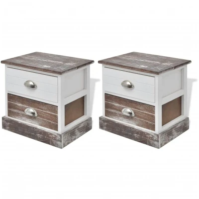 Image of vidaXL Bedside Cabinets 2 pcs, Brown and White, Paulownia Wood Plywood, French Country House Style, Decorative Storage with Drawers, Versatile Use