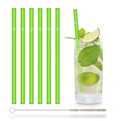 Image of Halm Glass Drinking Straws, neon Green, 6 Reusable 20 cm, Glow in The Dark + Plastic Free Cleaning Brush, Made Germany, Dishwasher Safe, Straight