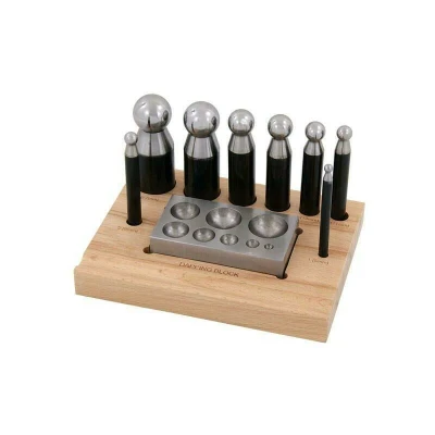 Image of 9PC Steel DAPPING Punch &amp; Block Set with Wooden Stand for Craft Metal Shaping