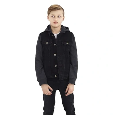 Image of BRAVE SOUL Kids Boys Cotton Denim Contrast Hooded Jacket Grey Jersey Sleeves