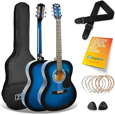 Image of 3rd Avenue Full Size 4/4 Acoustic Guitar Steel String Pack Bundle for Beginners 6 Months FREE Lessons, Bag, Picks and Spare Strings Blue