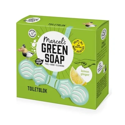 Image of Marcel&#039;s Green Soap Toilet Block Ginger &amp; Lemon Fragrant Freshener with probiotics against unpleasant odours 95% biodegradable 100% recycled plastic