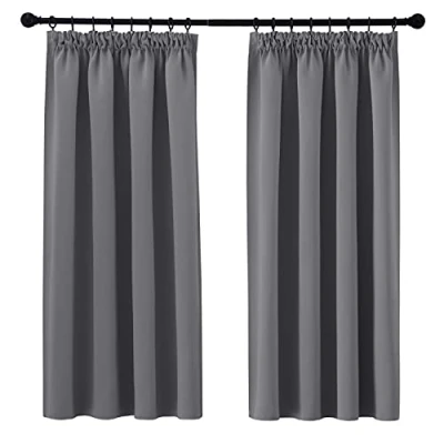Image of PONY DANCE Pencil Pleat Blackout Curtains Grey Thermal Insulated 46x54 Inch Drapes for Bedroom, Kitchen, Short Window with Hooks Track Rail, W46 X L54, 2 Panels