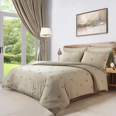 Image of LYMA Bedding Duvet Cover Set King Heart Tufted, OEKO TEX Certified, Ultra Soft NanoPlush Double Brushed Quick Dry Fabric &amp; Button Closure, Wrinkle Fade Resistant Quilt with Pillowcases (Beige)