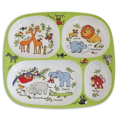 Image of Tyrrell Katz Toddler Divider Plate in Green with 4 Sections and Jungle Design Dishwasher Safe Melamine Kids Compartment Tray 24 x 21 2 cm
