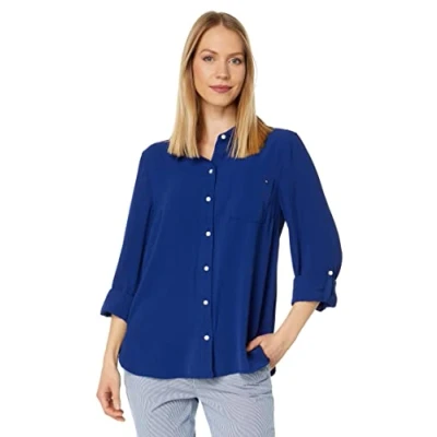 Image of Tommy Hilfiger Women&#039;s Roll Tab Sleeve Collared Button Up Shirt (Regular and Plus), Deep Sea, XL