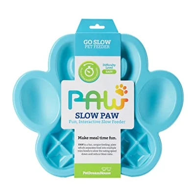 Image of PetDreamHouse PAW Dog Slow Feeder Bowl, Puppies or Cats Plate Food Treats Controls Fast Eating Anti Bloating Blue
