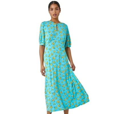 Image of Roman Originals Sunflower Print Keyhole Stretch Midi Dress for Women UK Ladies Everyday Holiday Spring Summer Notch Neckline Comfy Soft Evening Vacation Work Party Blue Size 18