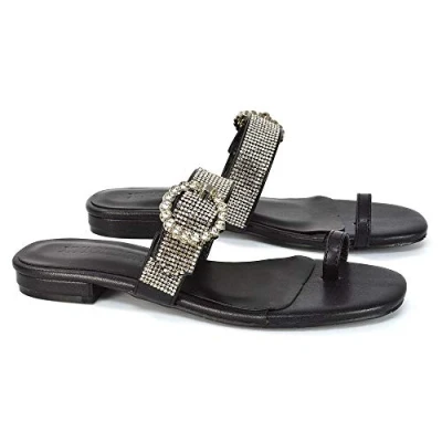 Image of Womens Diamante Sandals Ring Toe Post Ladies Slip On Flat Holiday Summer Rhinestones Slider Shoes Size 3 8 Black