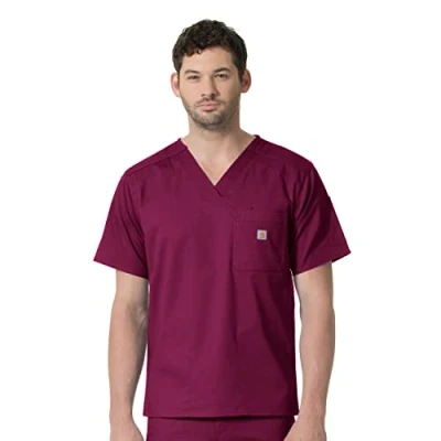 Image of Carhartt Men&#039;s Slim Fit 6 Pocket Top Medical Scrubs, Wine, Medium