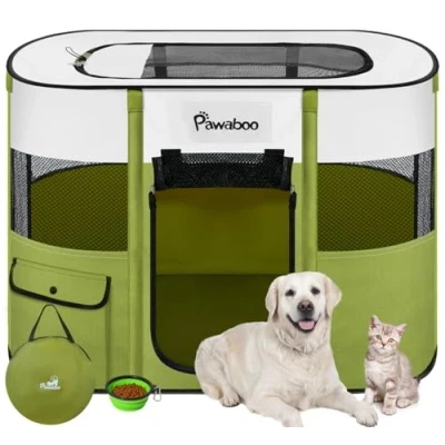 Image of Pawaboo Portable Pet Playpen, Foldble Dog Play Tent Kennel Crate with Waterproof Oxford, Cat Playpen Travel Bag Folding Bowl for Puppy and Rabbit, Indoor Outdoor Use, Green L