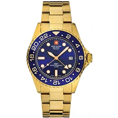 Image of Swiss Alpine Military Men&#039;s Watch GMT Analogue Quartz 7052 Stainless Steel, Gold/Black/Blue 1115sam, Bracelet
