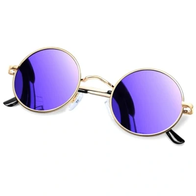 Image of KANASTAL Purple Round Sunglasses Men Mirror Polarised Womens Small Hippie Vintage Circle Metal Frame Circular Mirrored Flat Lens UV400 Gold
