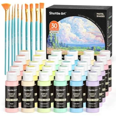 Image of Shuttle Art 40 Pack Pastel Acrylic Paints Set, 30 Colours Paint with 10 Brushes, 60ml/2oz Bottle, High Viscosity, Waterproof for Painting &amp;Crafting on Canvas, Rock, Ceramic, Fabric