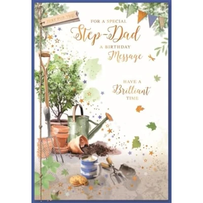 Image of Gardening Themed Step Dad Birthday Card with Bronze Foil Lettering, 13x19cm, Colour Print Verse