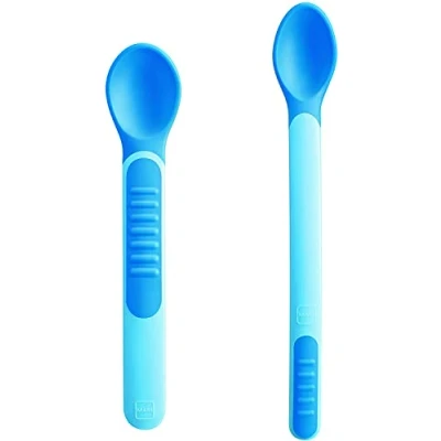 Image of MAM Heat Sensitive Feeding Spoons and Cover, Two Sizes, Colour Change Baby Spoons, Part of the Cutlery Range, Weaning Essentials, Blue